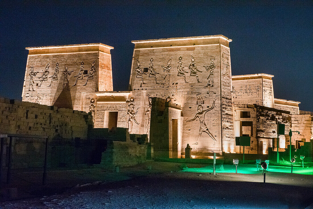 Sound and light show at the Temple of Philae, Temple of Isis, UNESCO World Heritage Site, Agilkia Island, Aswan, Egypt, North Africa, Africa