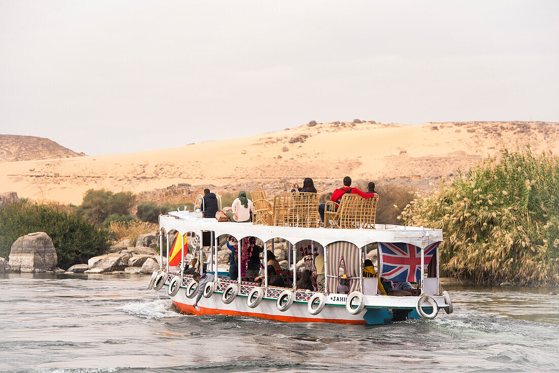 Small cruise boat around the Elephantine Island on the Nile, Aswan, Egypt, North Africa, Africa