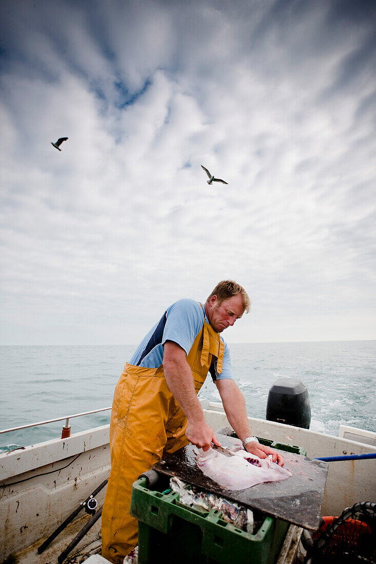 Fischer steht in einem Boot und schneidet einen Fisch