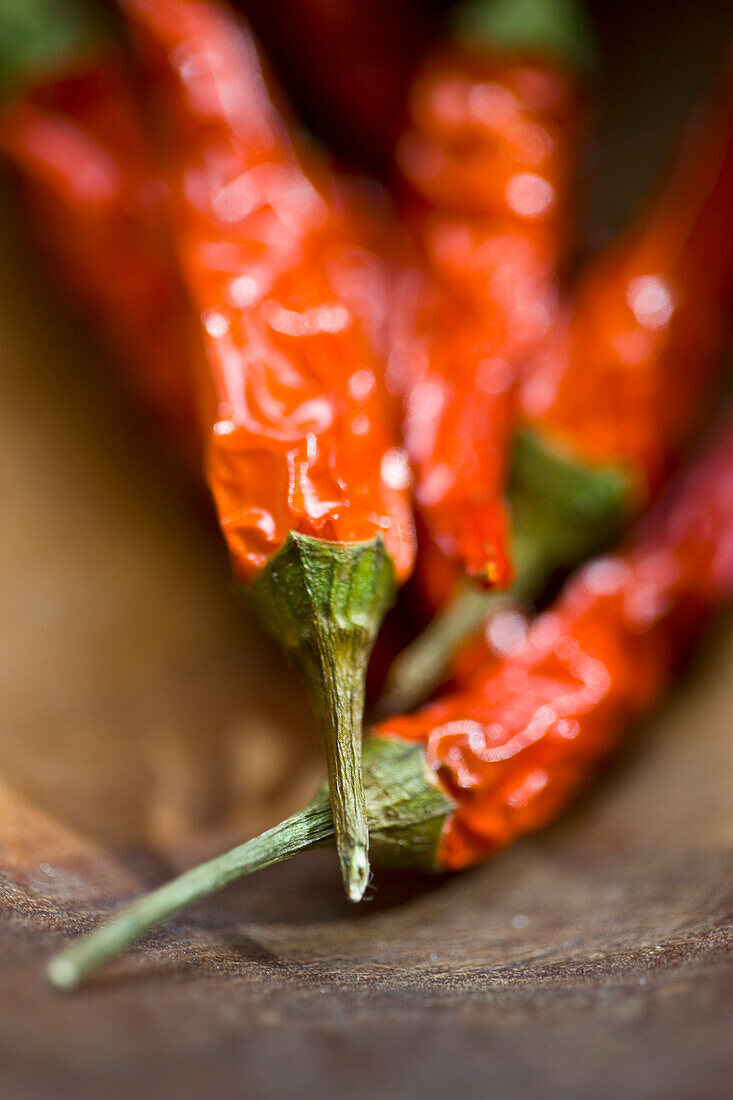 Close up of red dried chili peppers