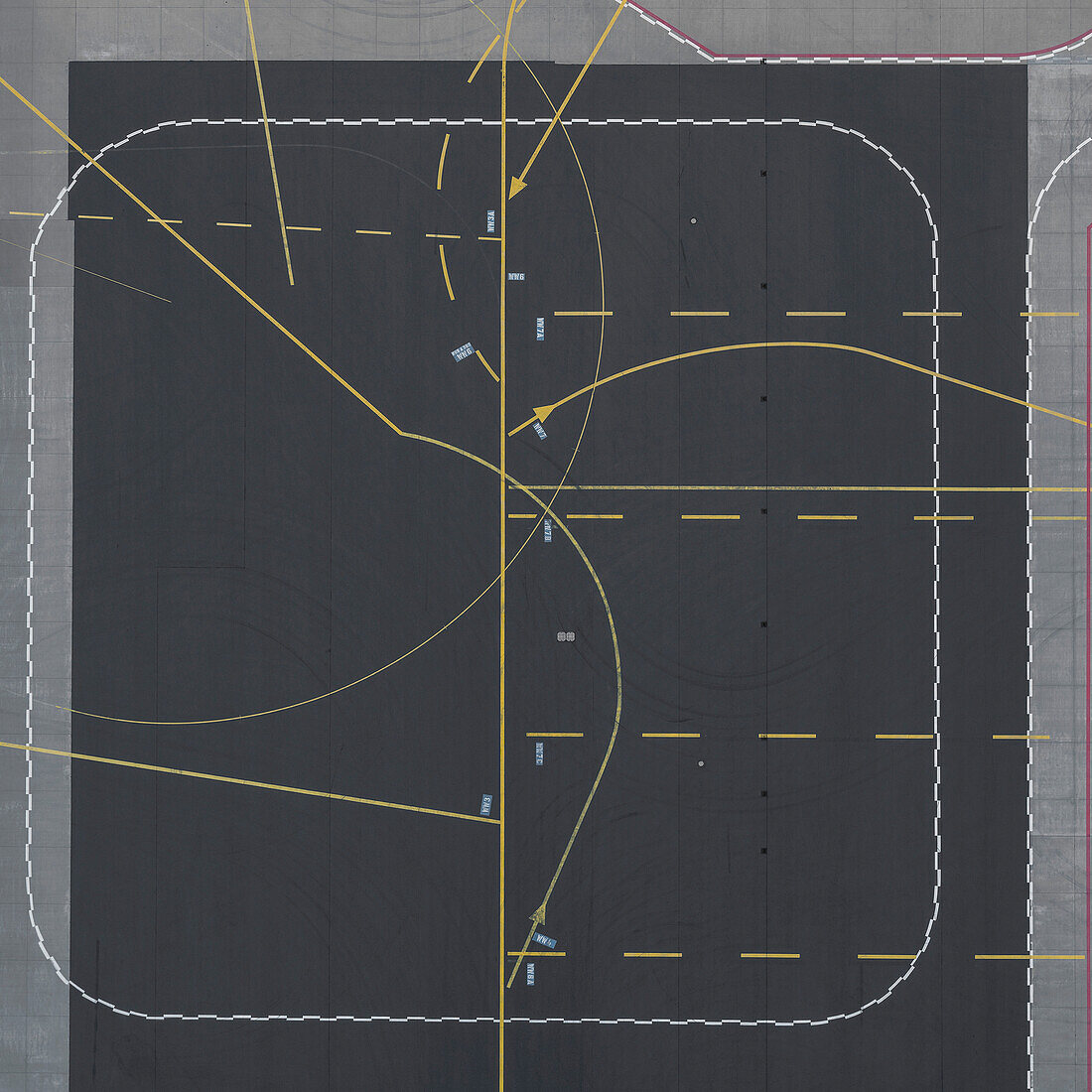 View from above lines and road markings on airport runway