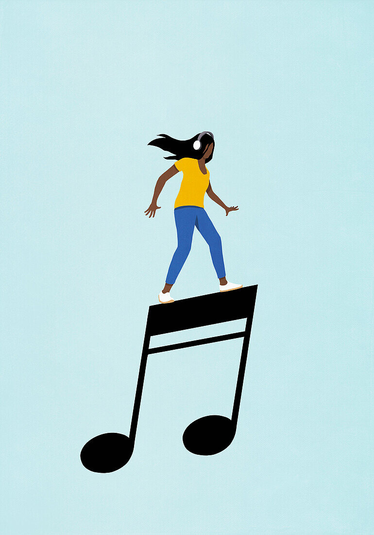 Woman with headphones dancing on musical note