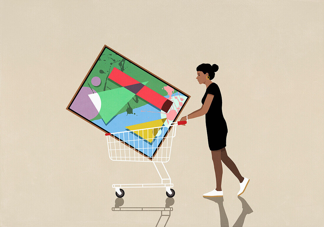 Woman pushing abstract painting in shopping cart