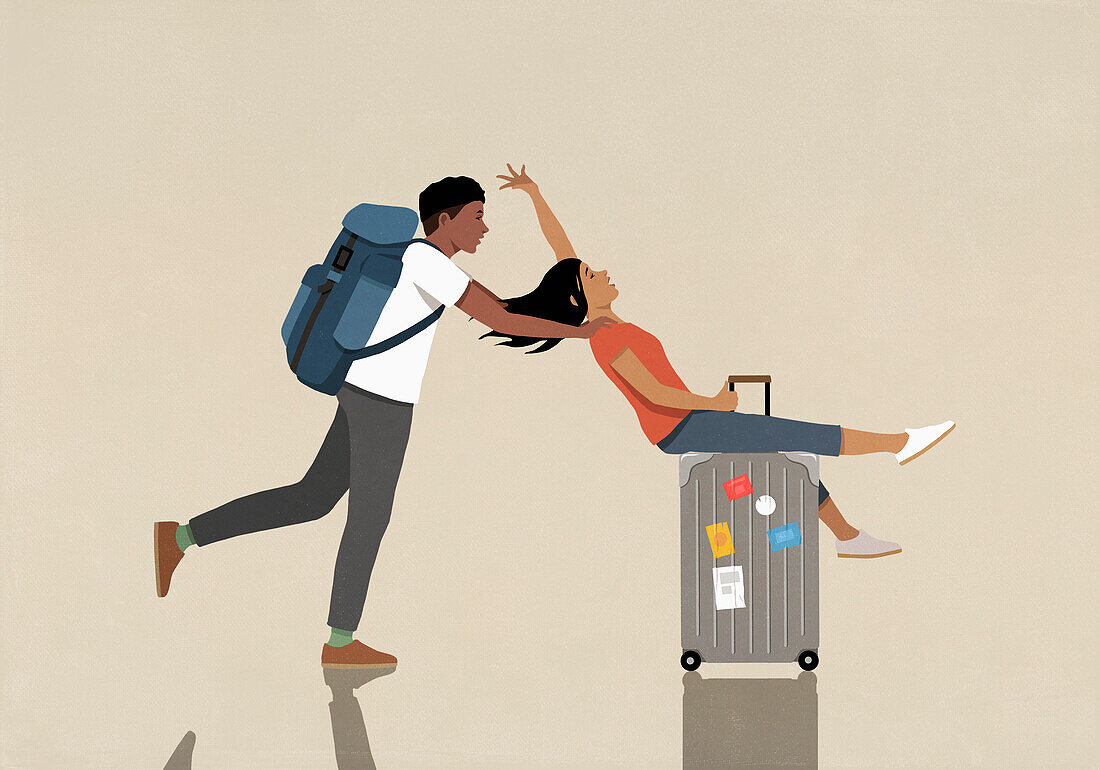 Man with backpack pushing carefree woman riding suitcase