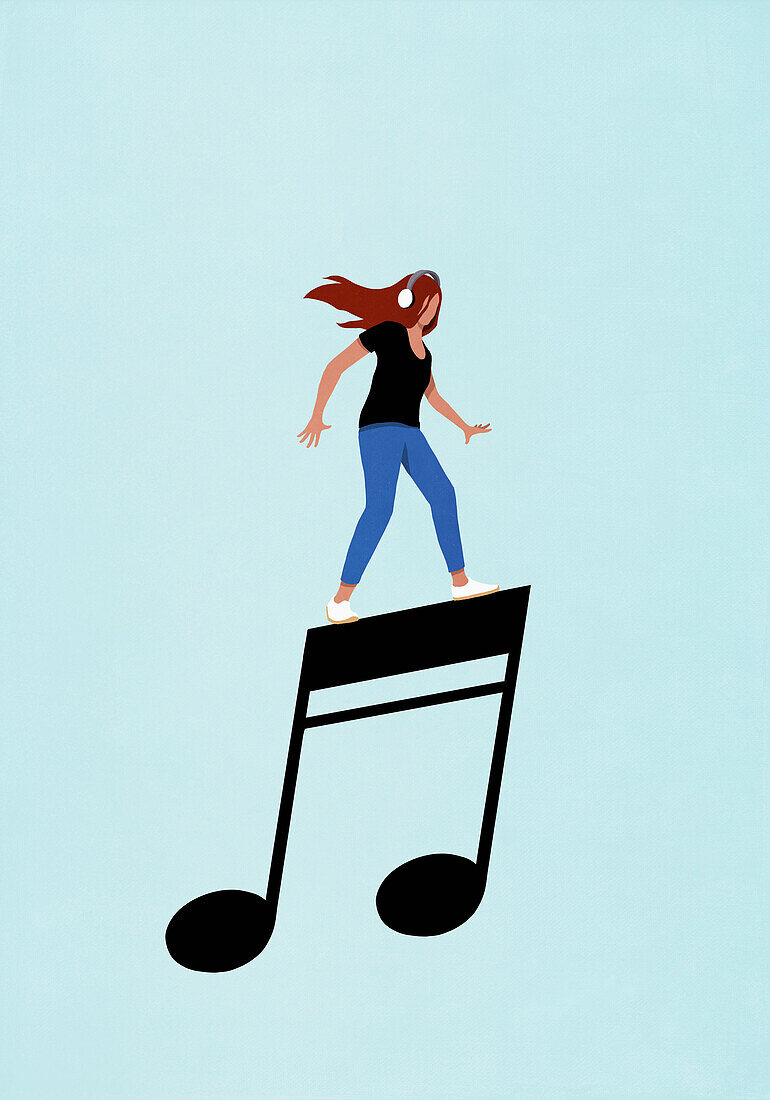 Woman with headphones dancing on musical note