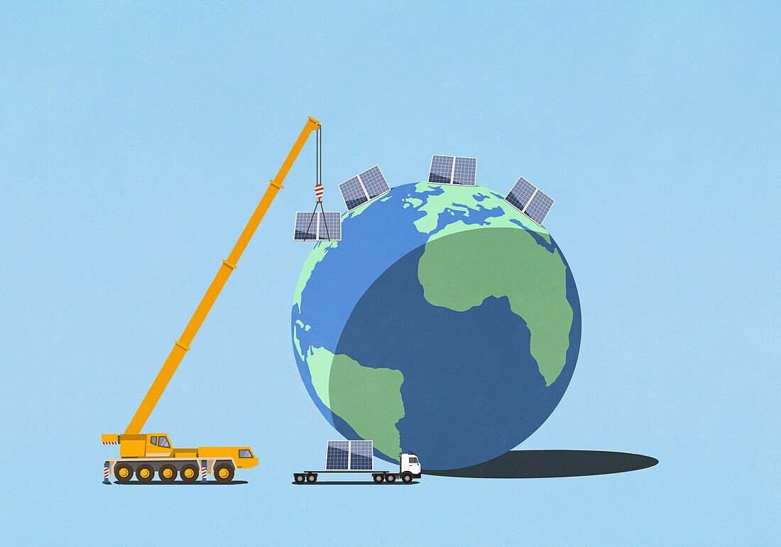 Crane lifting solar panels on top of globe