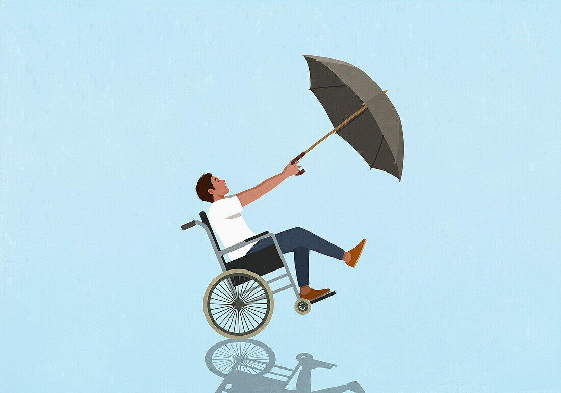 Man in wheelchair with umbrella blowing in wind on blue background