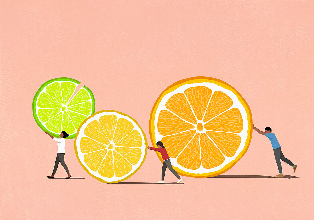 Family pushing large citrus fruit slices against pink background