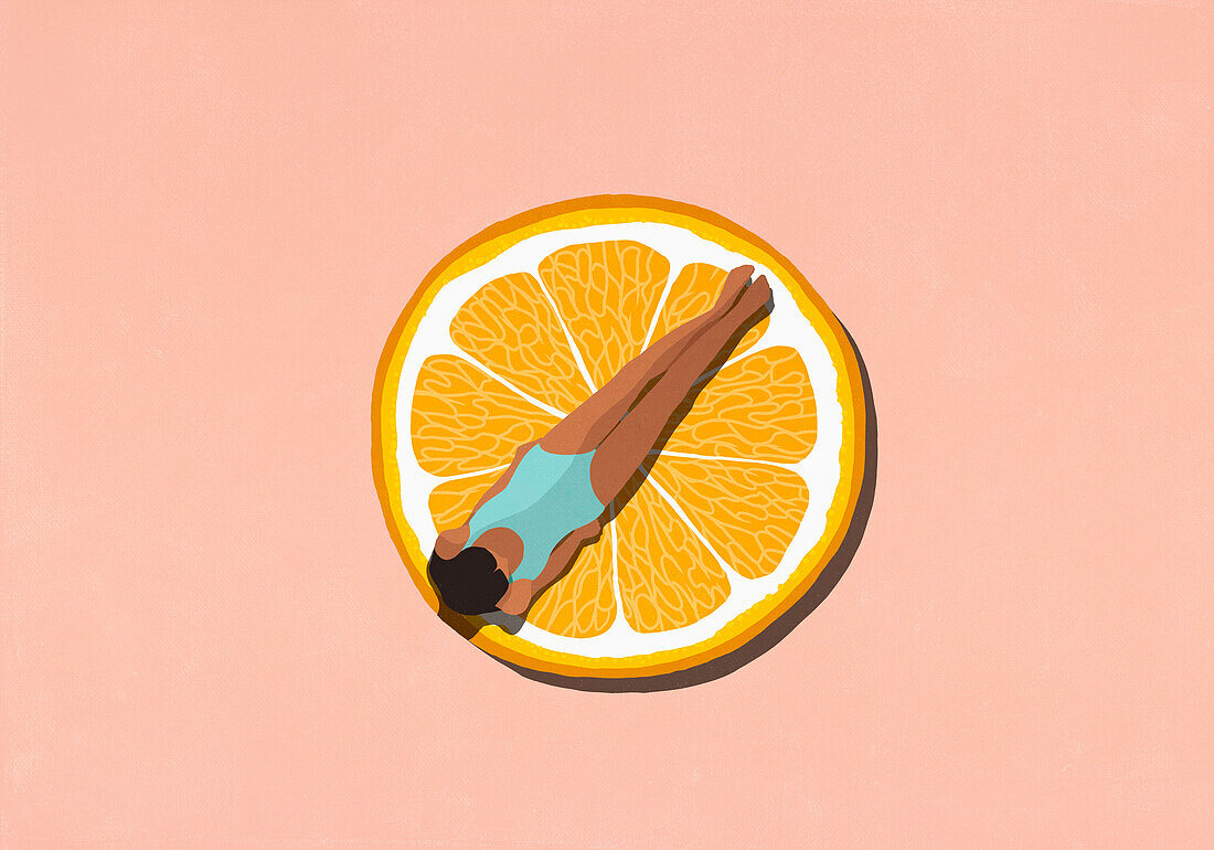 Woman in bathing suit sunbathing on orange slice against pink background