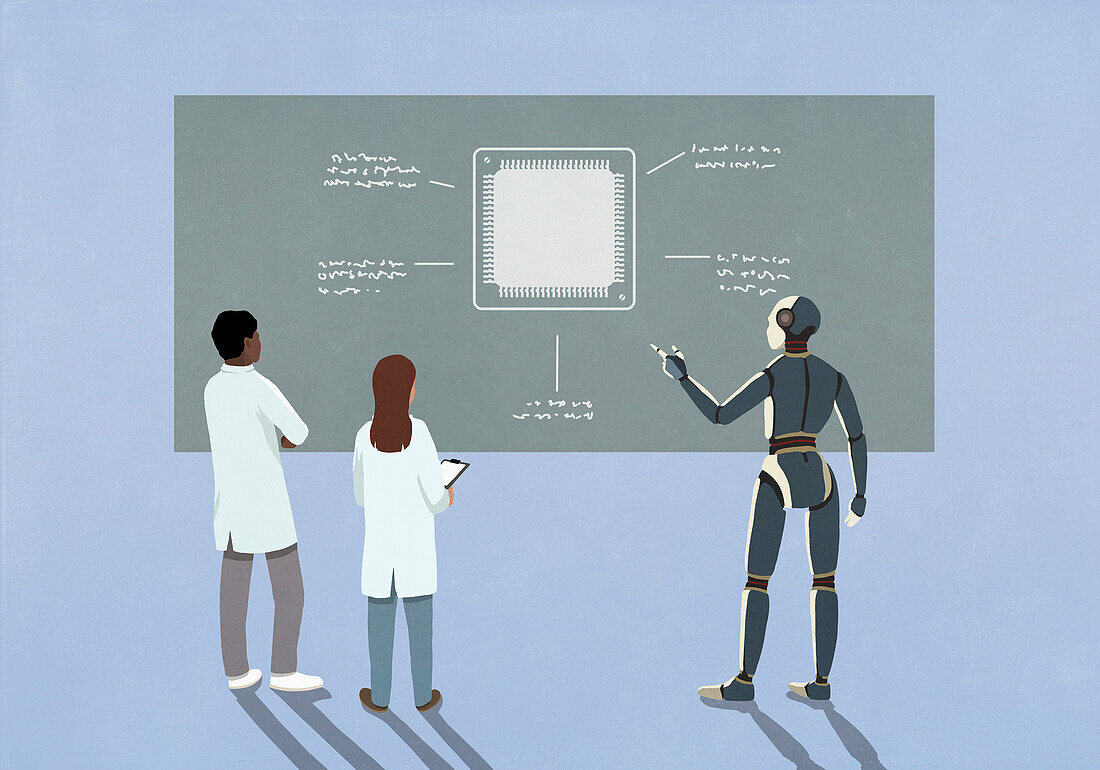 Roboter und Wissenschaftler, die einen Mikrochip auf einer Tafel untersuchen