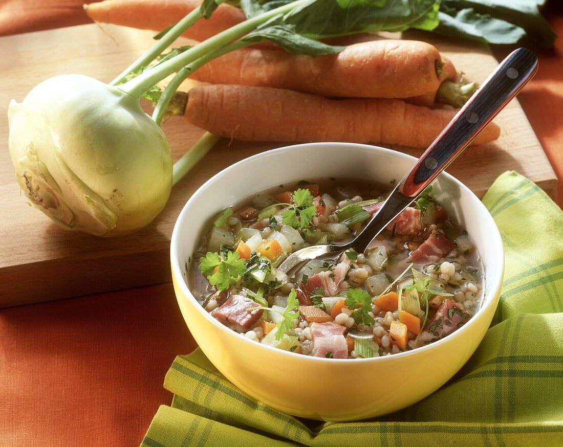 Barley soup with belly bacon and vegetables