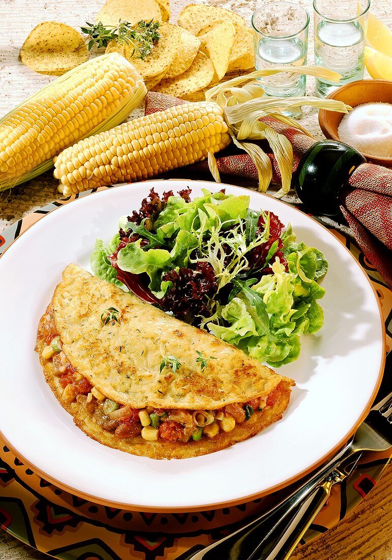 Maispfannkuchen mit Lamm-Bohnen-Mais-Füllung & Salat