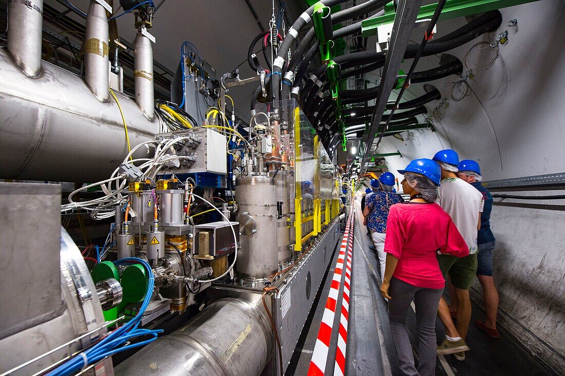 France, Switzerland, CERN, European Organization for Nuclear Research, open door, visit of the 26.659 km tunnel housing the LHC particle accelerator: large hadron collider in progress, the tube contains the superconducting electromagnets