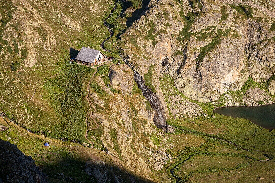 France, Alpes-Maritimes, Mercantour National Park, the refuge CAF (2380m) of the lakes of Vens, the great lake superior (2325m)