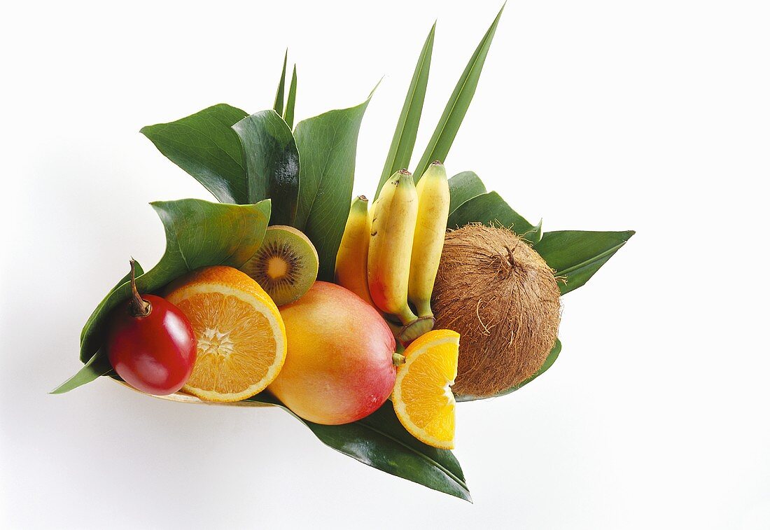 Exotische Früchte mit Orange und Kokosnuss auf Blättern