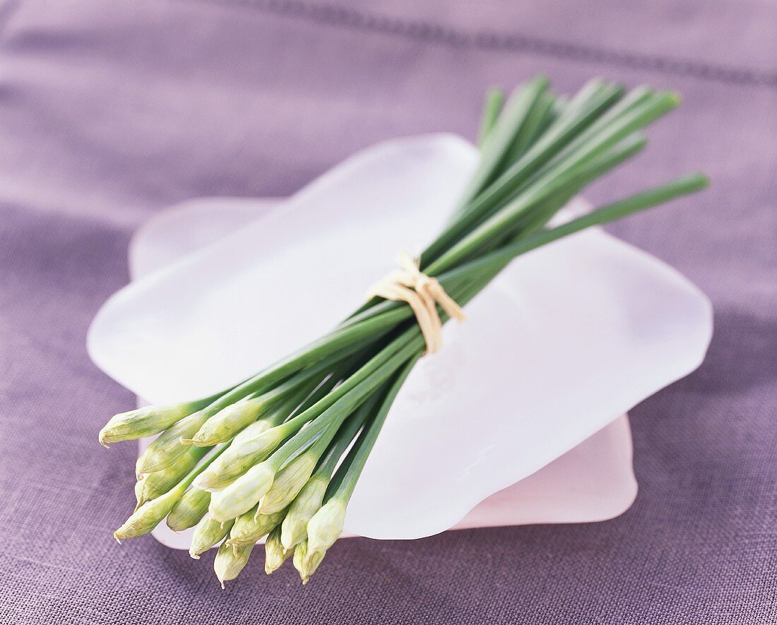 A bunch of Thai chives in white bowl