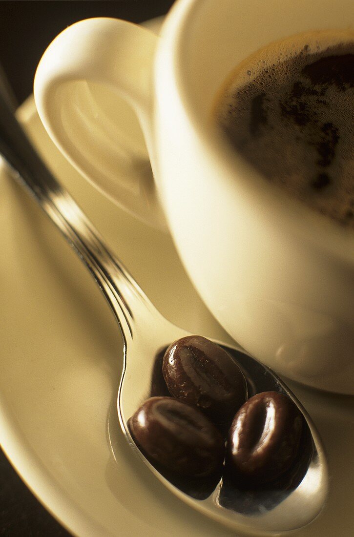 Kaffeebohnenförmige Schokolinsen auf Löffel neben Kaffeetasse