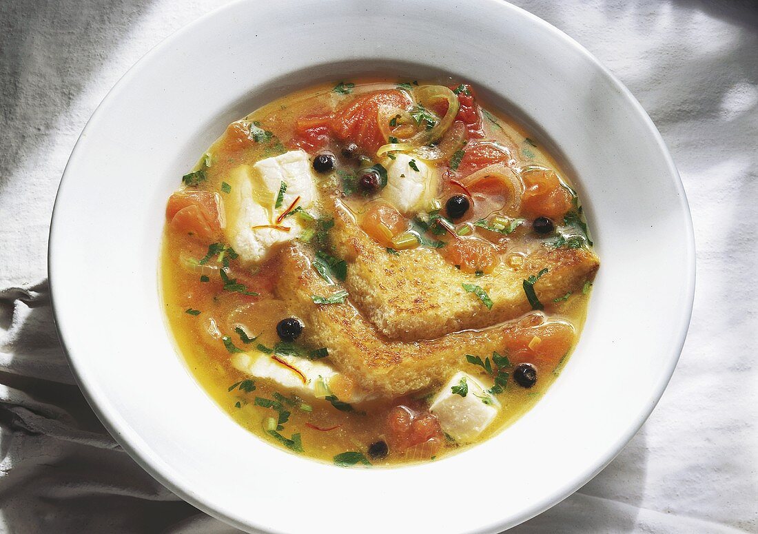 Suppe mit Tomaten und Fisch