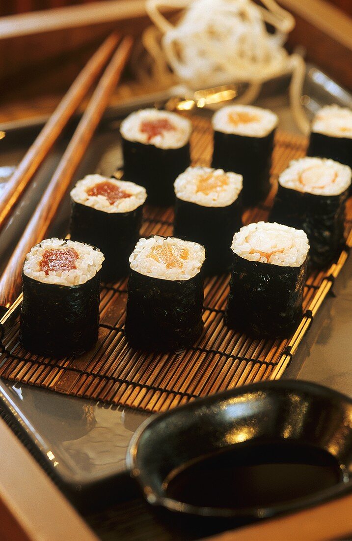 Assorted Sushi on Bamboo Mat