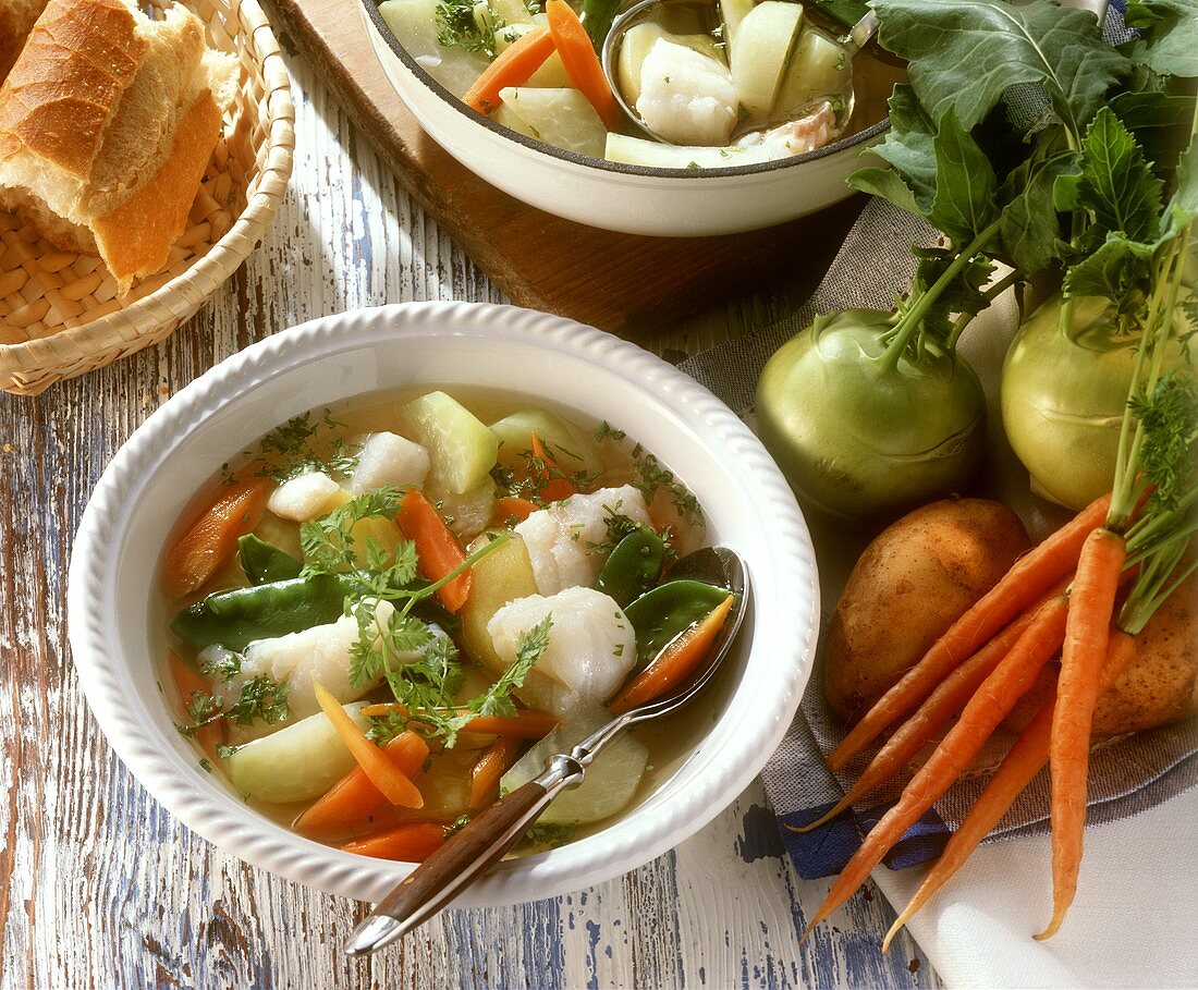 Fish stew with spring vegetables and chervil