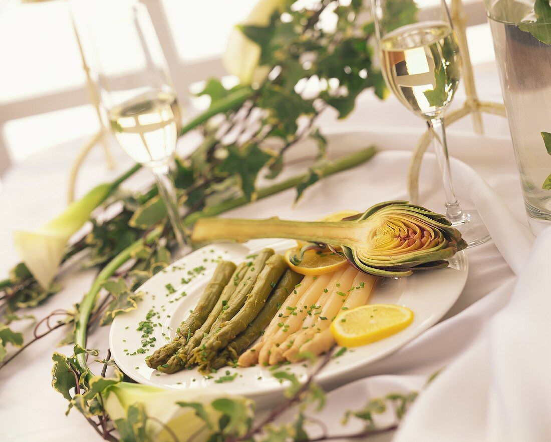 Green and white asparagus with lemon and chives