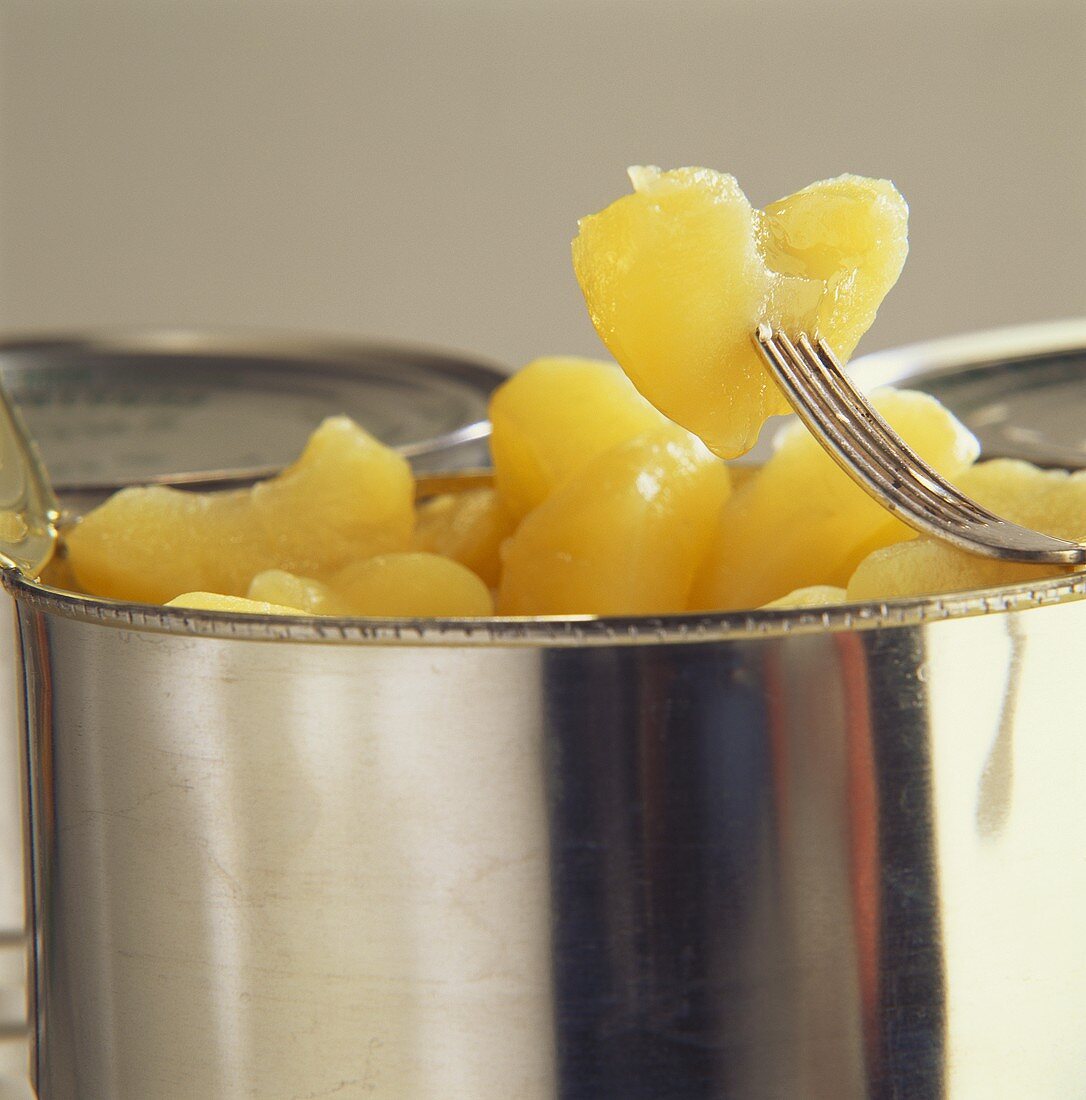 Apple pieces in opened tin (close-up)