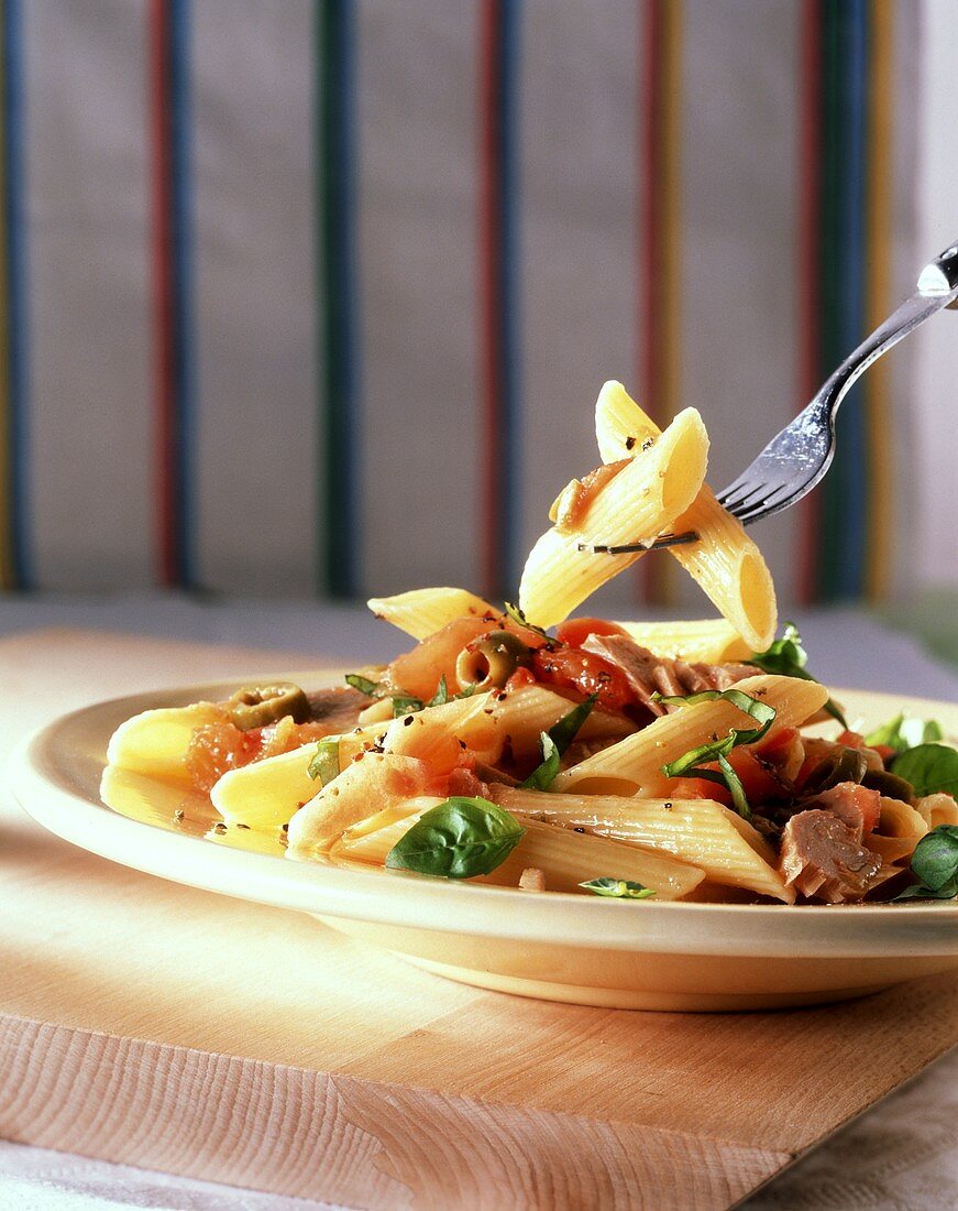 Pasta alla trapanese (Penne with tuna and olives, Italy)