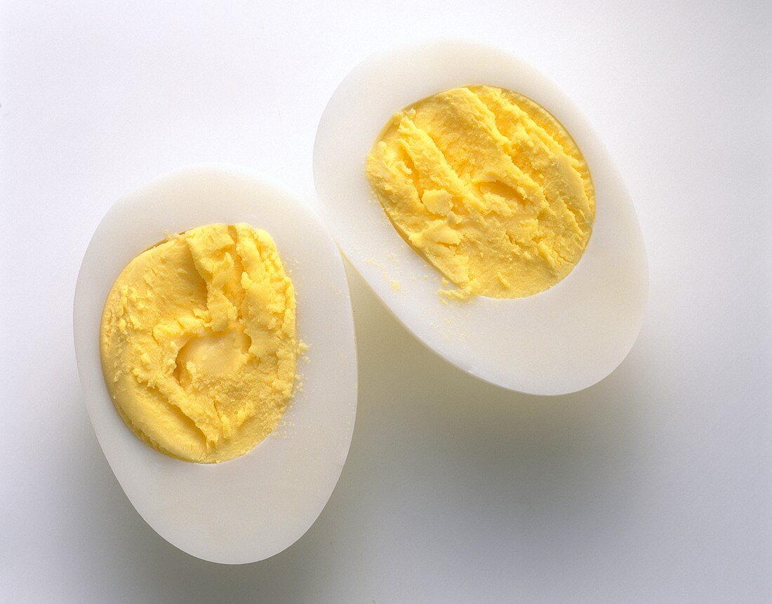 A halved, hard-boiled egg (cooked 8 minutes)