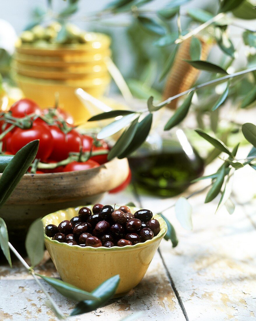 Stillleben mit Oliven und Tomaten