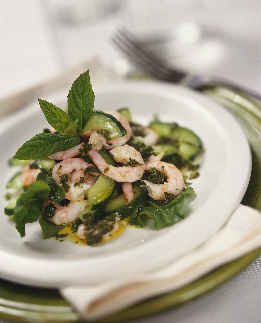 Shrimps-Gurken-Salat auf Teller