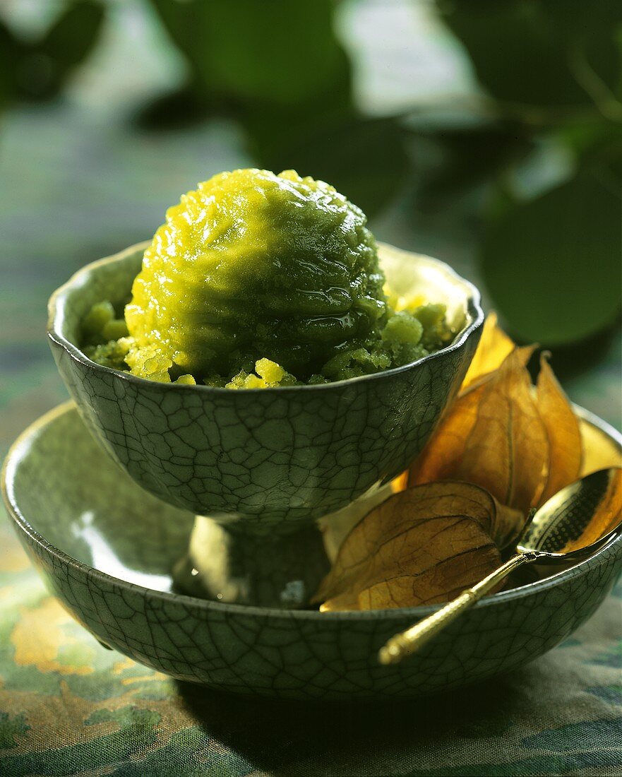 Green tea sorbet in small bowl