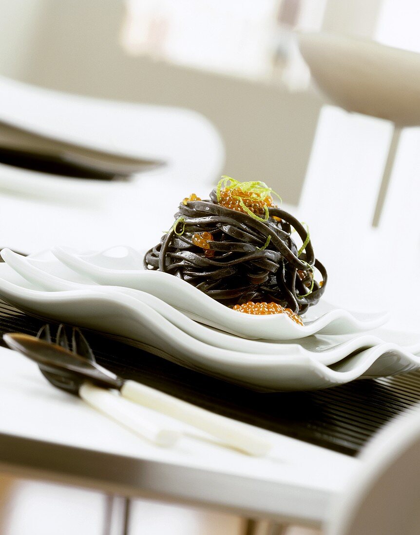 Black cuttlefish pasta with trout caviare