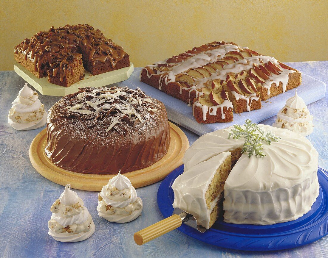 Vier verschiedene Kuchen und kleine Baisertörtchen