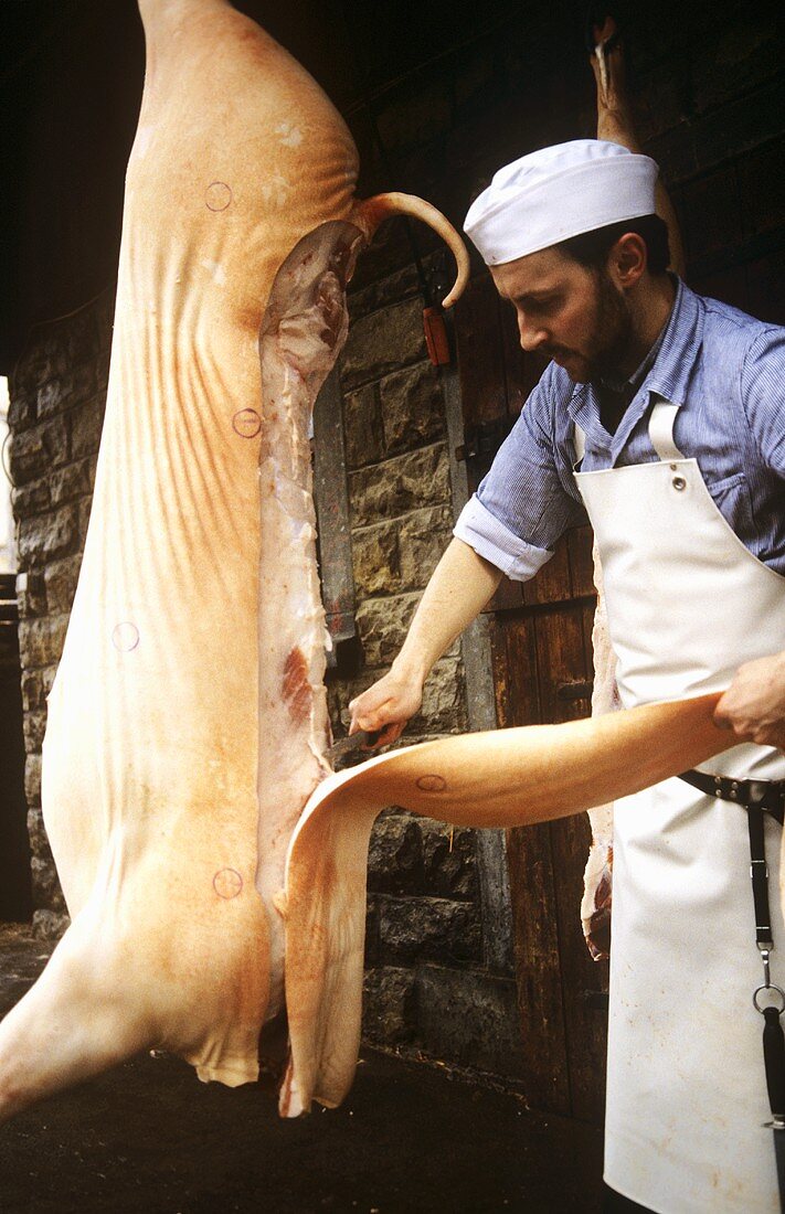Butchering a pig: butcher separating the back fat