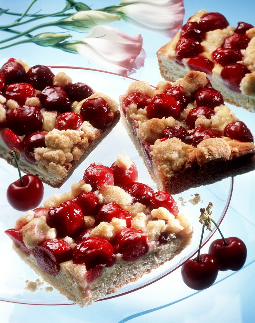 Pieces of cherry crumble cake