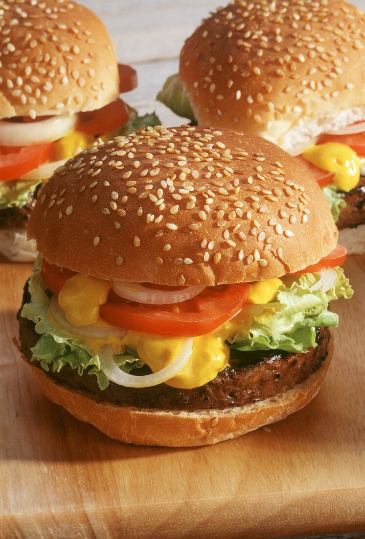 A hamburger with fresh tomatoes, salad and relish