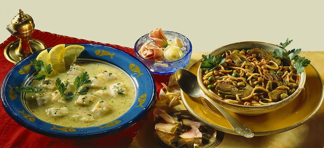 Fish soup (Syria) & noodle soup with vegetables (Tunisia)