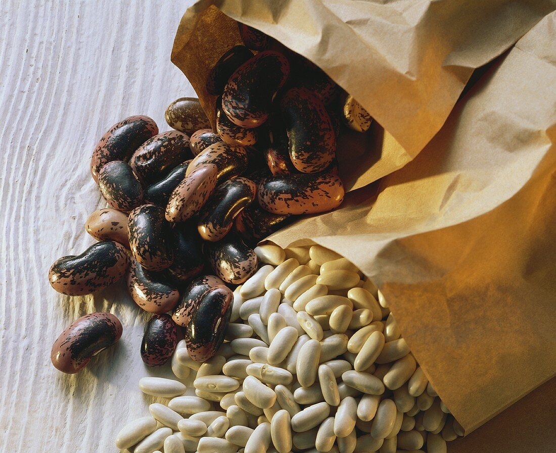 Fire beans and white beans, fallen out of paper bags