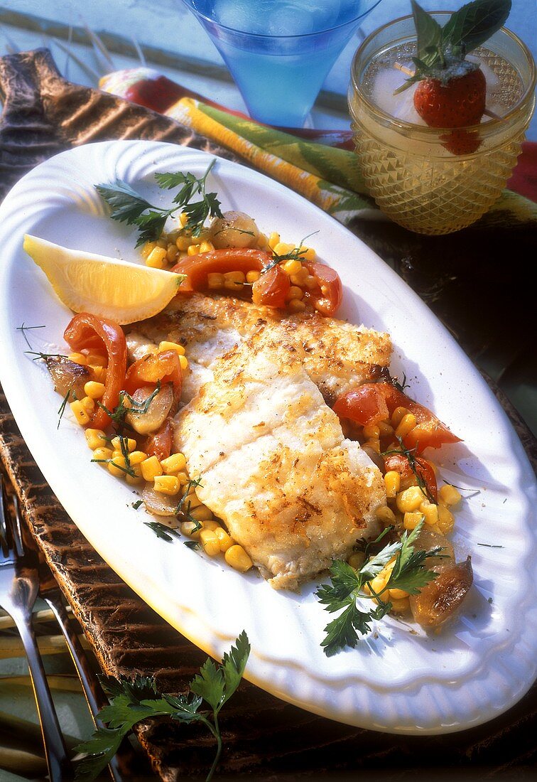 Red snapper fillet, sweetcorn, peppers and onions