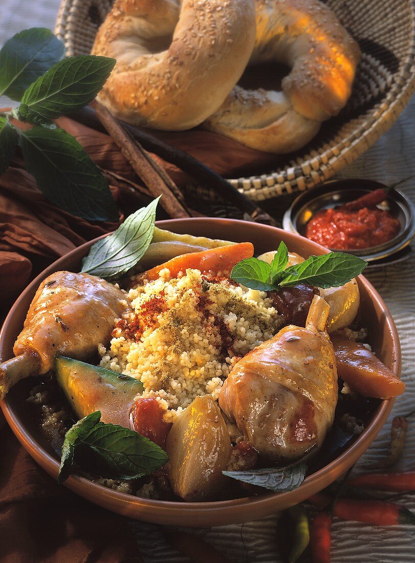Chicken legs with couscous and vegetables