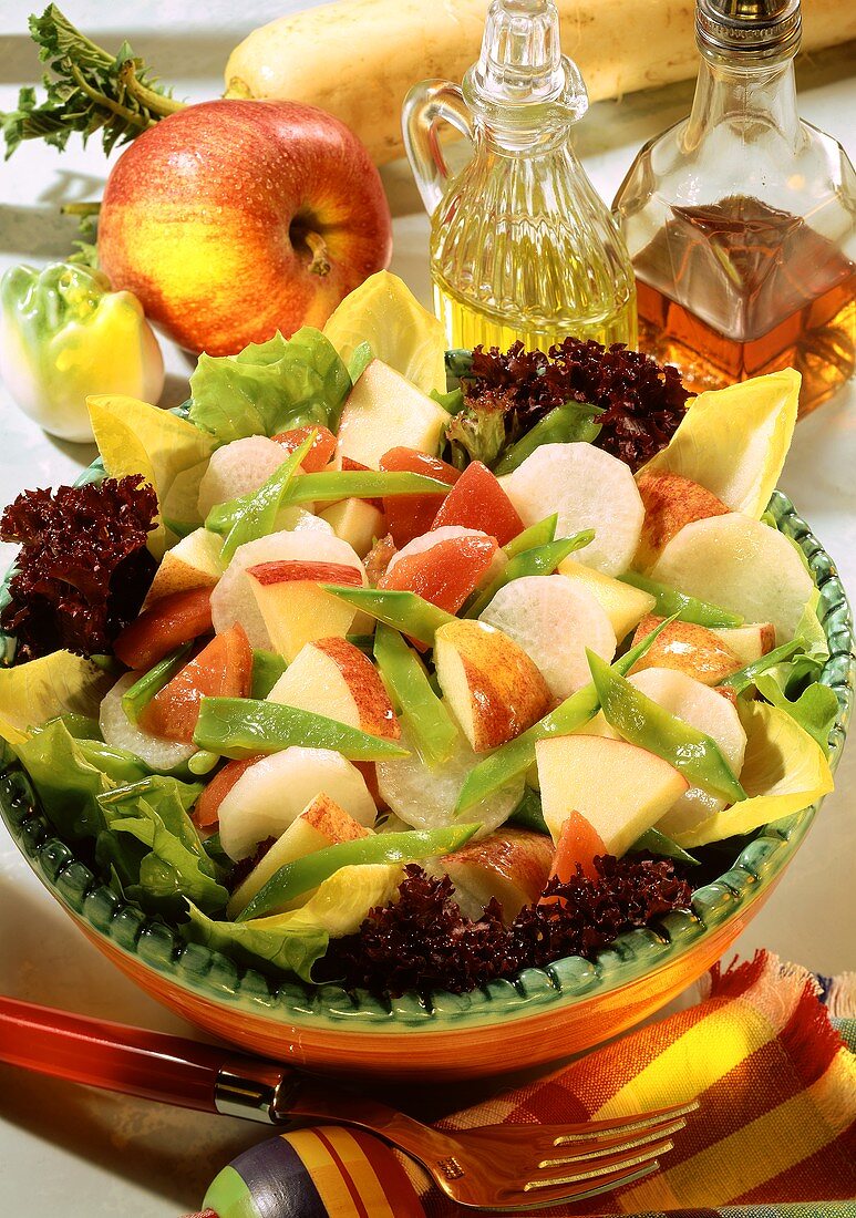 Radish and apple salad with mangetouts