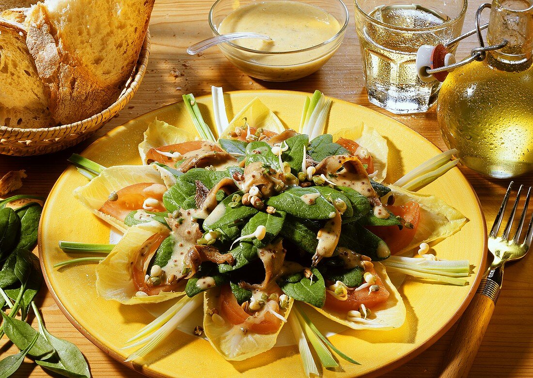 Spinach salad on chicory and tomatoes