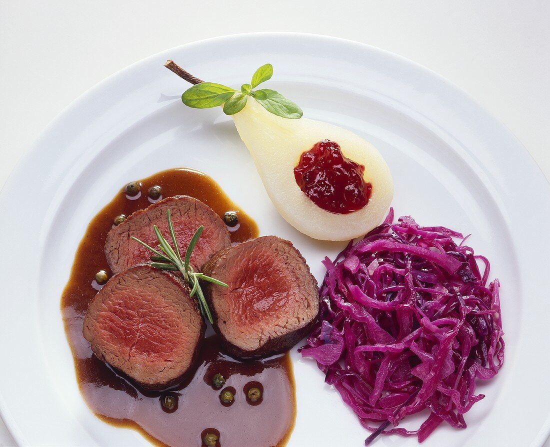 Saddle of venison with red cabbage & pear