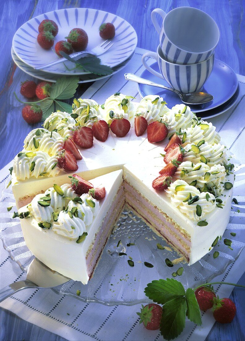 Strawberry cream gateau, pieces cut