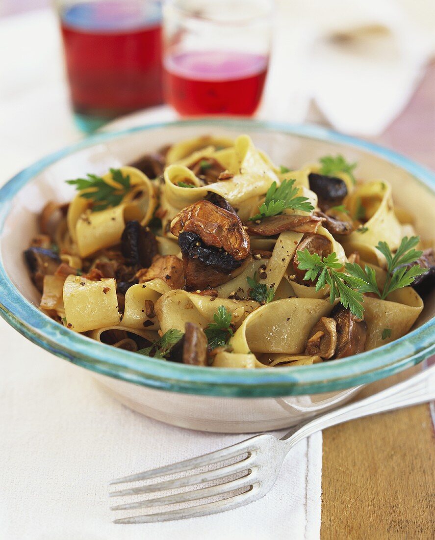 Pappardelle ai funghi (Bandnudeln mit Pilzen, Italien)