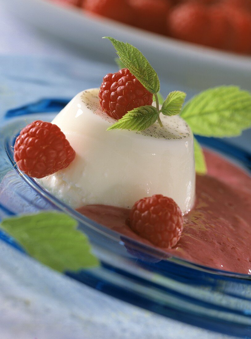 Panna cotta e lamponi (Cream dessert with raspberries, Italy)