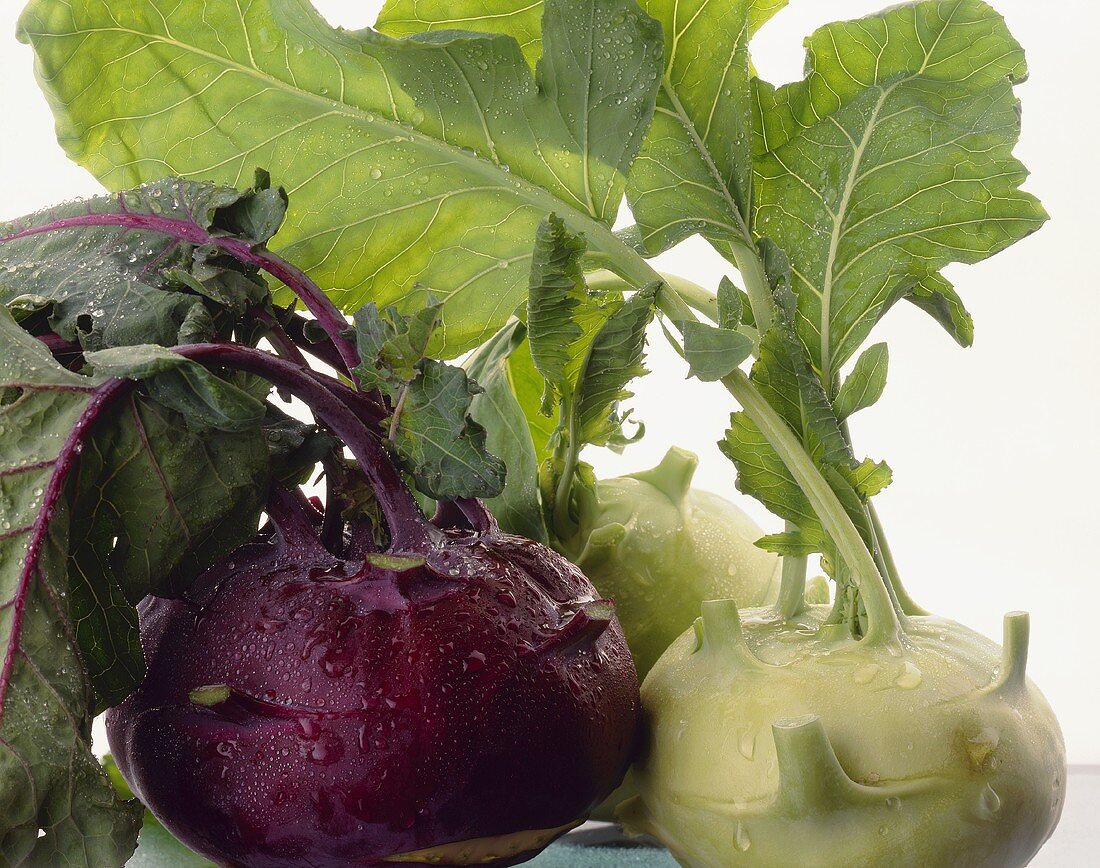 Ein roter und zwei grüne Kohlrabi mit Wassertropfen