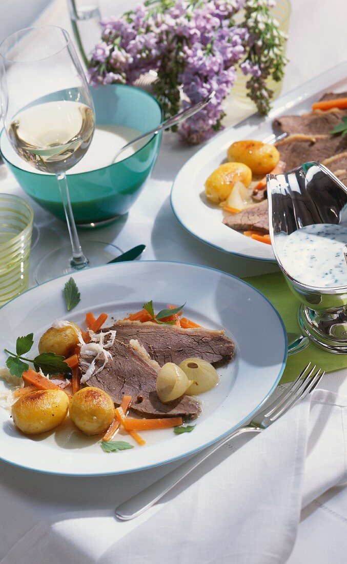 Boiled beef fillet with horseradish, carrots & potatoes