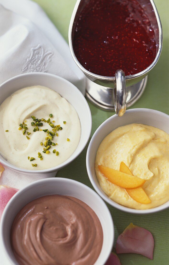Vanillecreme und Variationen (Schoko,Aprikose); Fruchtsauce
