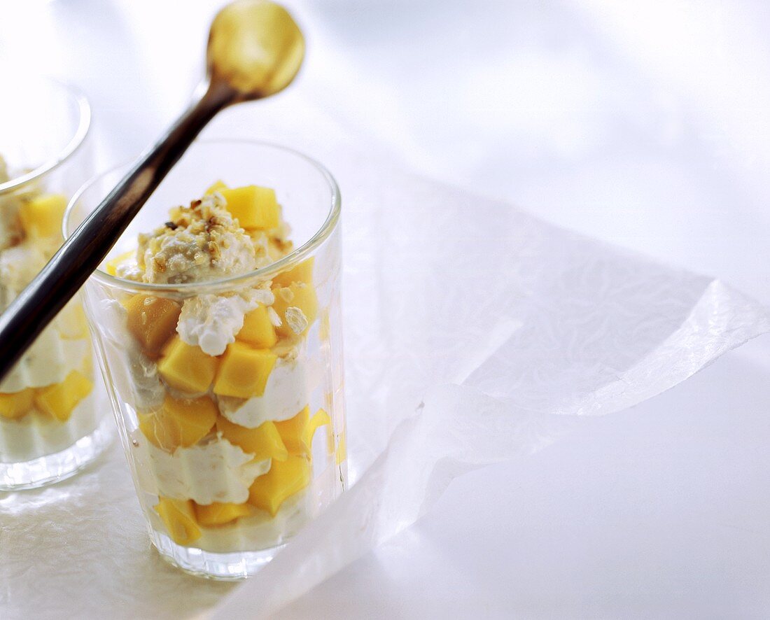 Lemon and mango quark with oats flakes